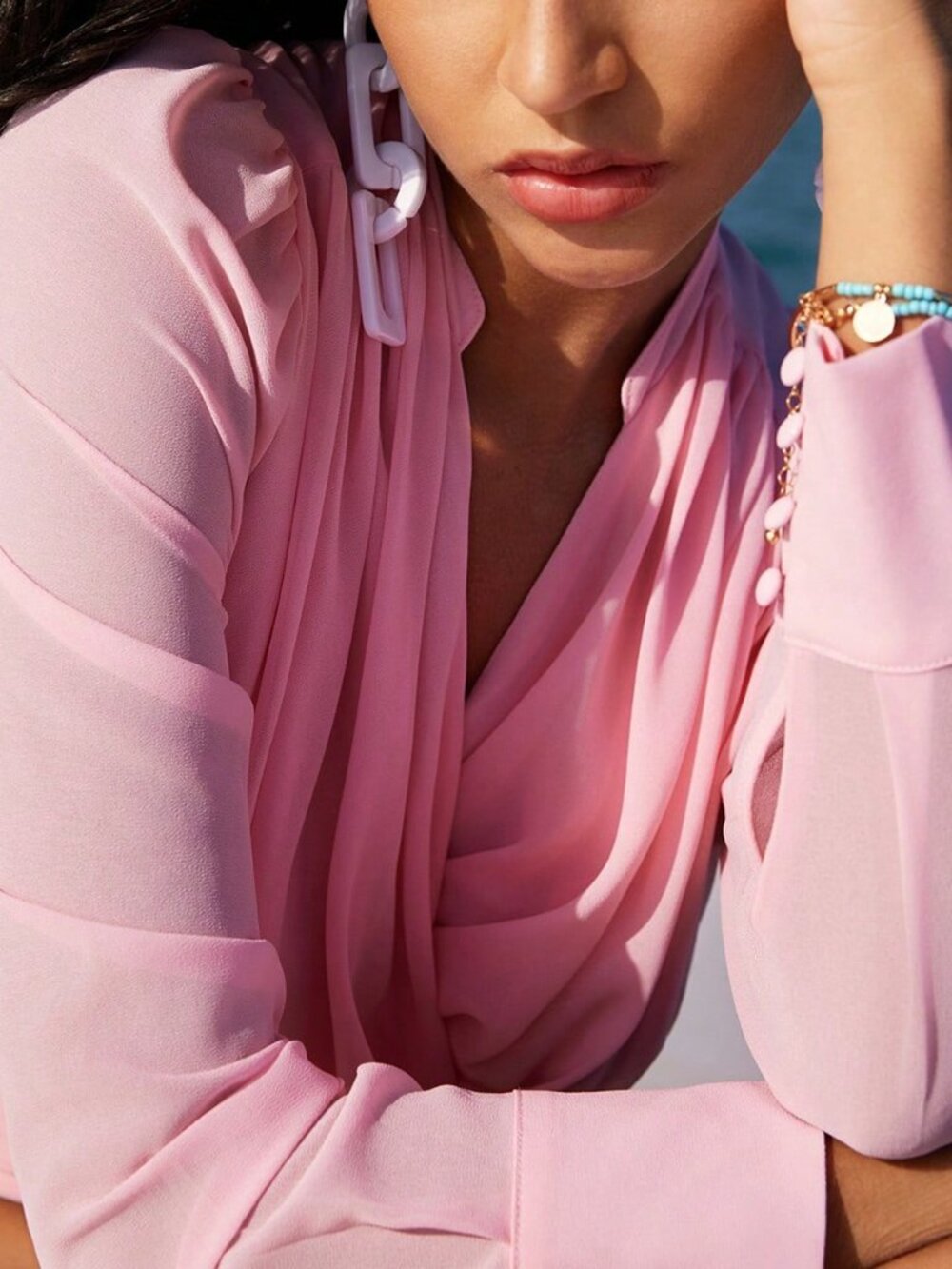 Pink Party Women's V-Neck Tie Waist Blouse - Picture 7 of 7